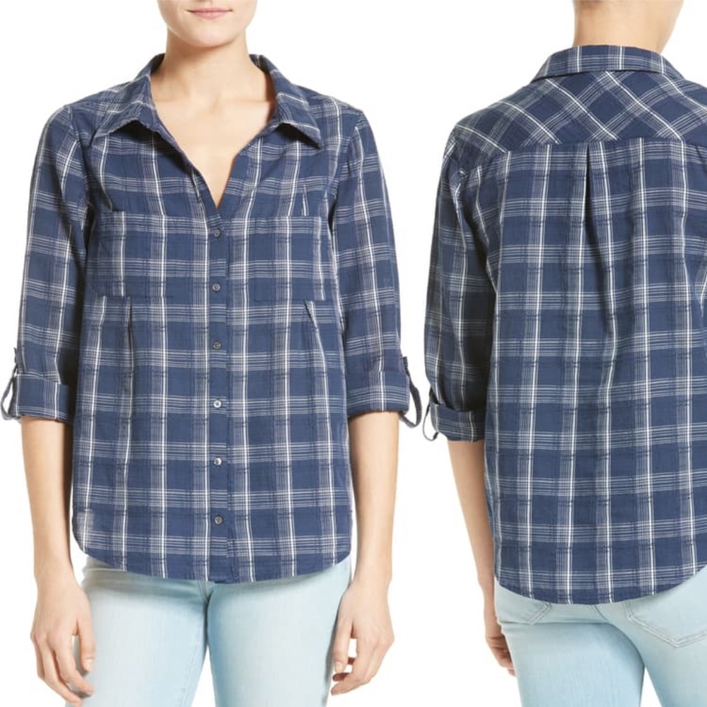 Joie‎ Cartel Plaid Cotton Shirt Button Up Navy Blue